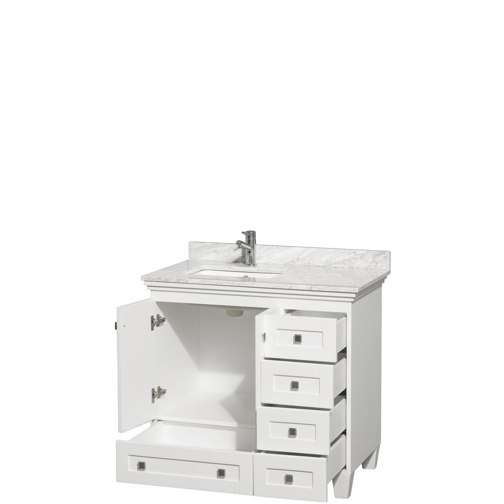 Acclaim 36 Inch Single Bathroom Vanity in White White Carrara Marble Countertop Undermount Square Sink and No Mirror