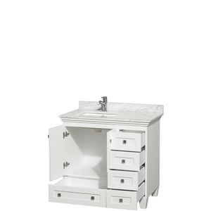 Acclaim 36 Inch Single Bathroom Vanity in White White Carrara Marble Countertop Undermount Square Sink and No Mirror