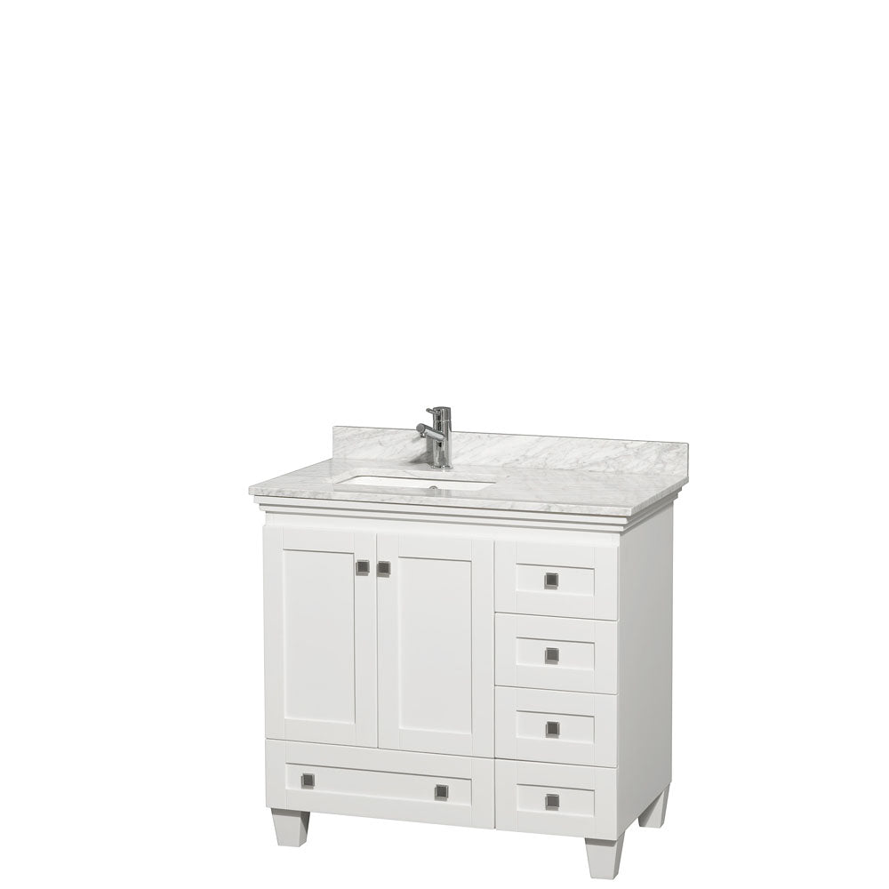 Acclaim 36 Inch Single Bathroom Vanity in White White Carrara Marble Countertop Undermount Square Sink and No Mirror