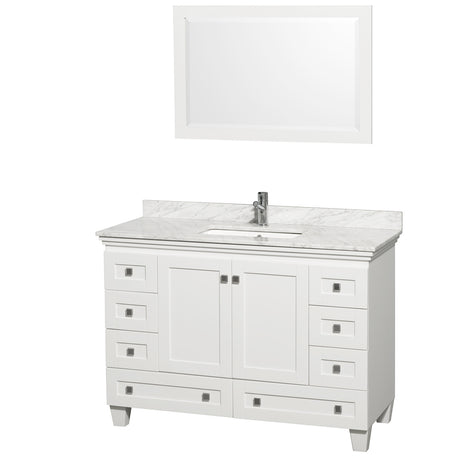 Acclaim 48 Inch Single Bathroom Vanity in White White Carrara Marble Countertop Undermount Square Sink and 24 Inch Mirror