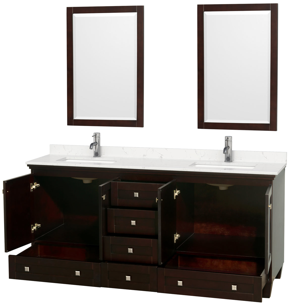 Acclaim 72 Inch Double Bathroom Vanity in Espresso Carrara Cultured Marble Countertop Undermount Square Sinks 24 Inch Mirrors
