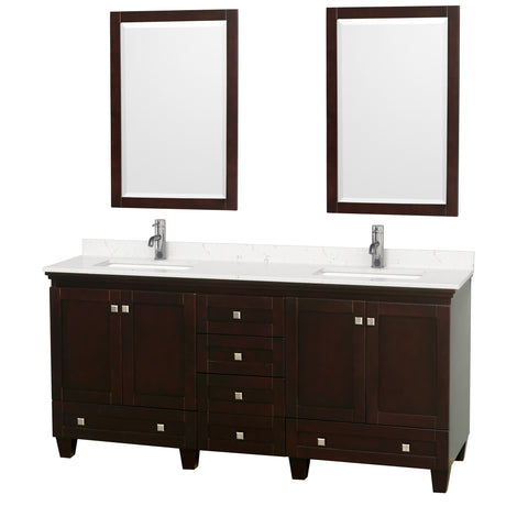 Acclaim 72 Inch Double Bathroom Vanity in Espresso Carrara Cultured Marble Countertop Undermount Square Sinks 24 Inch Mirrors