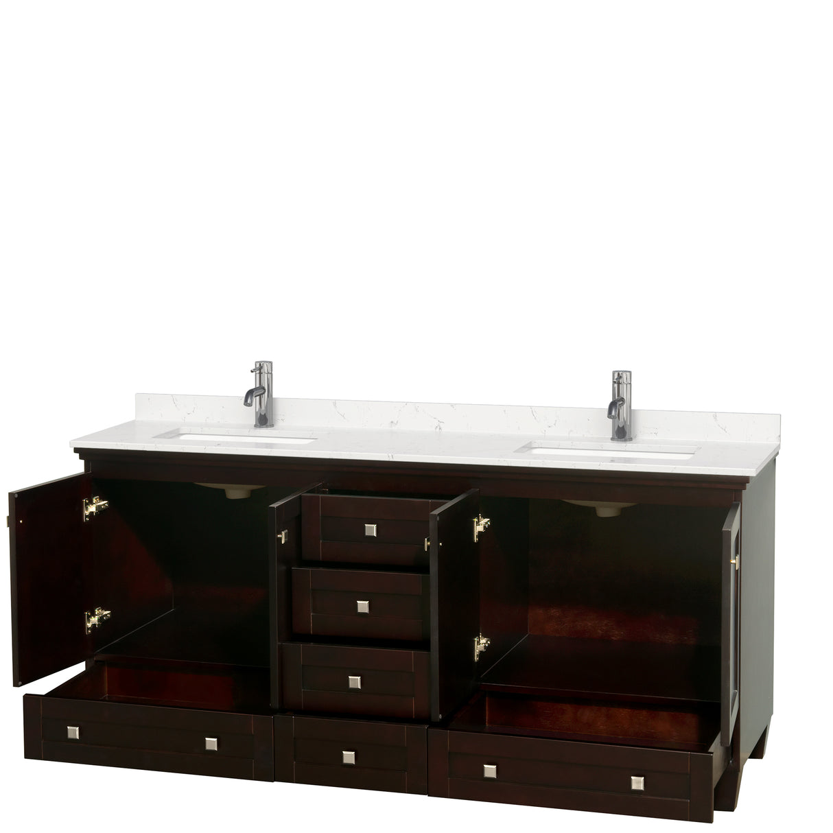 Acclaim 72 Inch Double Bathroom Vanity in Espresso Carrara Cultured Marble Countertop Undermount Square Sinks No Mirrors