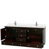 Acclaim 72 Inch Double Bathroom Vanity in Espresso Carrara Cultured Marble Countertop Undermount Square Sinks No Mirrors