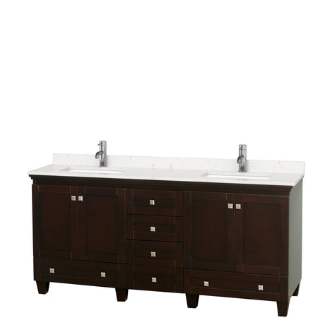 Acclaim 72 Inch Double Bathroom Vanity in Espresso Carrara Cultured Marble Countertop Undermount Square Sinks No Mirrors