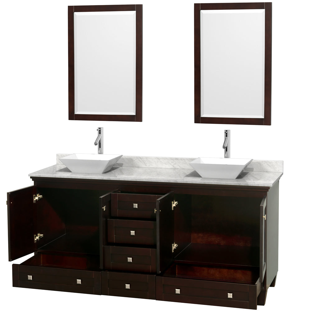 Acclaim 72 Inch Double Bathroom Vanity in Espresso White Carrara Marble Countertop Pyra White Sinks and 24 Inch Mirrors