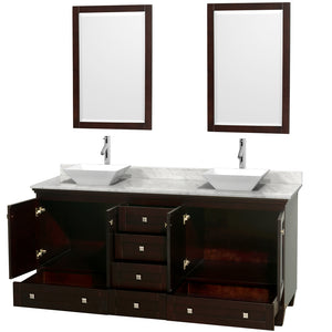 Acclaim 72 Inch Double Bathroom Vanity in Espresso White Carrara Marble Countertop Pyra White Sinks and 24 Inch Mirrors