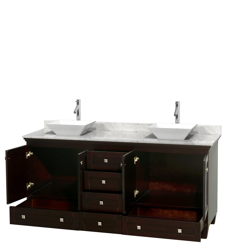 Acclaim 72 Inch Double Bathroom Vanity in Espresso White Carrara Marble Countertop Pyra White Sinks and No Mirrors