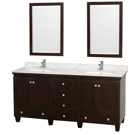 Acclaim 72 Inch Double Bathroom Vanity in Espresso White Carrara Marble Countertop Undermount Square Sinks and 24 Inch Mirrors
