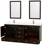 Acclaim 72 Inch Double Bathroom Vanity in Espresso White Cultured Marble Countertop Undermount Square Sinks 24 Inch Mirrors