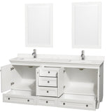 Acclaim 72 Inch Double Bathroom Vanity in White Carrara Cultured Marble Countertop Undermount Square Sinks 24 Inch Mirrors