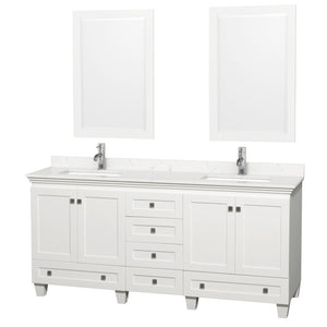 Acclaim 72 Inch Double Bathroom Vanity in White Carrara Cultured Marble Countertop Undermount Square Sinks 24 Inch Mirrors
