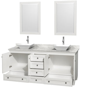 Acclaim 72 Inch Double Bathroom Vanity in White White Carrara Marble Countertop Pyra White Sinks and 24 Inch Mirrors