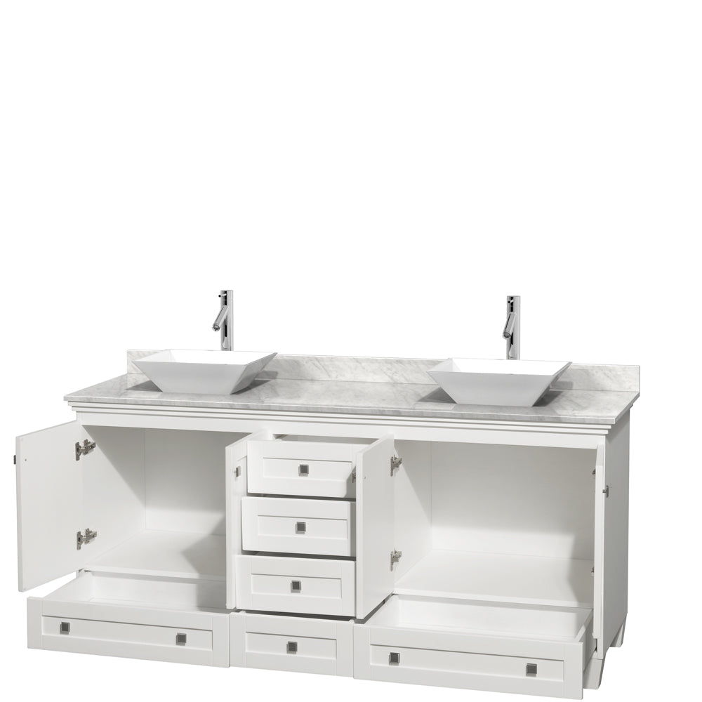 Acclaim 72 Inch Double Bathroom Vanity in White White Carrara Marble Countertop Pyra White Sinks and No Mirrors
