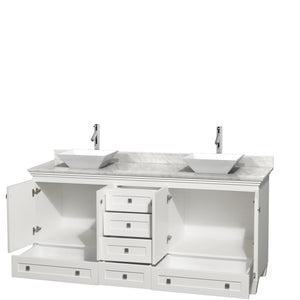 Acclaim 72 Inch Double Bathroom Vanity in White White Carrara Marble Countertop Pyra White Sinks and No Mirrors