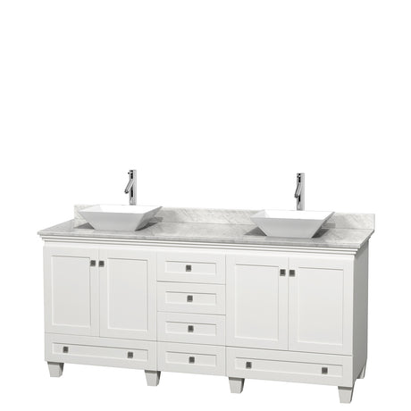 Acclaim 72 Inch Double Bathroom Vanity in White White Carrara Marble Countertop Pyra White Sinks and No Mirrors