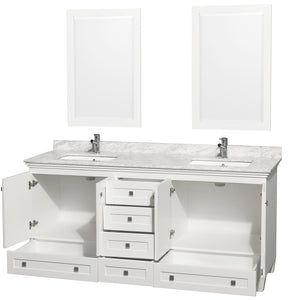 Acclaim 72 Inch Double Bathroom Vanity in White White Carrara Marble Countertop Undermount Square Sinks and 24 Inch Mirrors