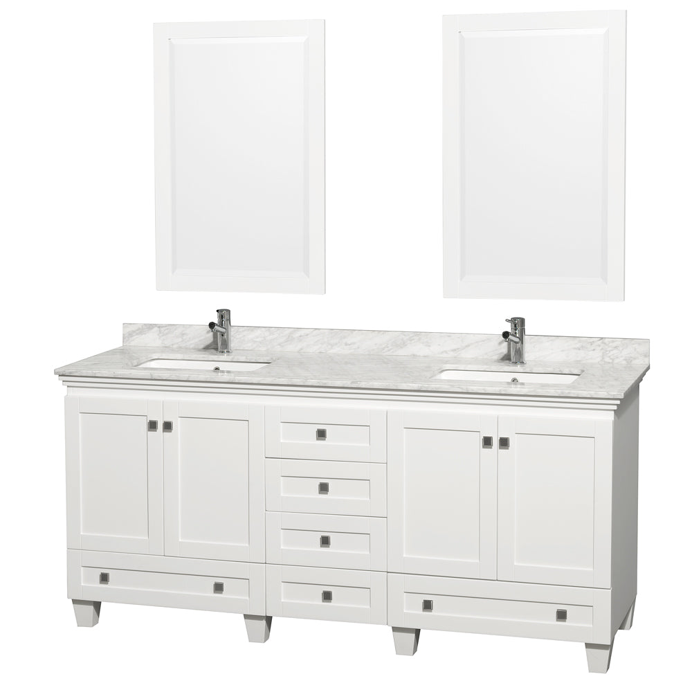 Acclaim 72 Inch Double Bathroom Vanity in White White Carrara Marble Countertop Undermount Square Sinks and 24 Inch Mirrors