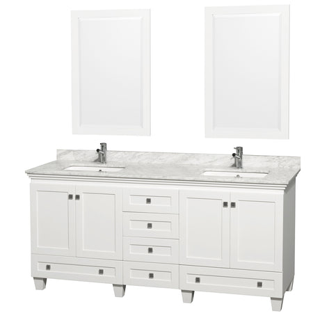 Acclaim 72 Inch Double Bathroom Vanity in White White Carrara Marble Countertop Undermount Square Sinks and 24 Inch Mirrors