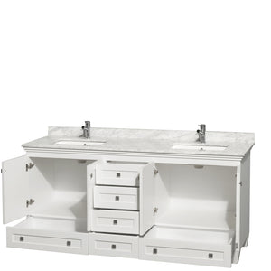 Acclaim 72 Inch Double Bathroom Vanity in White White Carrara Marble Countertop Undermount Square Sinks and No Mirrors
