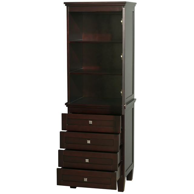 Acclaim Bathroom Linen Tower in Espresso with Shelved Cabinet Storage and 4 Drawers