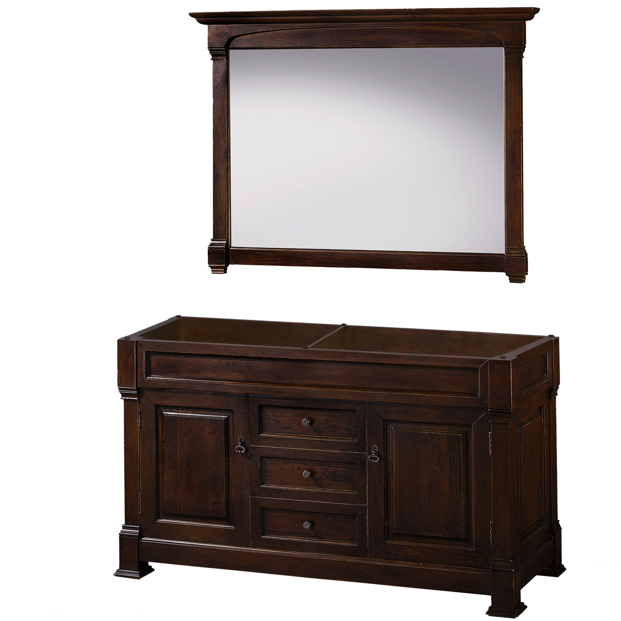 Andover 60 Inch Double Bathroom Vanity in Dark Cherry No Countertop No Sink and 56 Inch Mirror