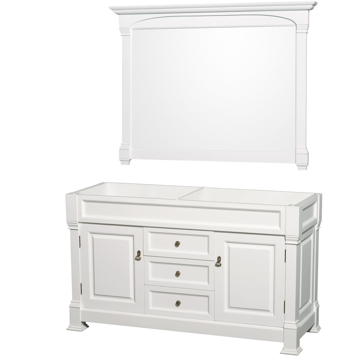 Andover 60 Inch Double Bathroom Vanity in White No Countertop No Sink and 56 Inch Mirror