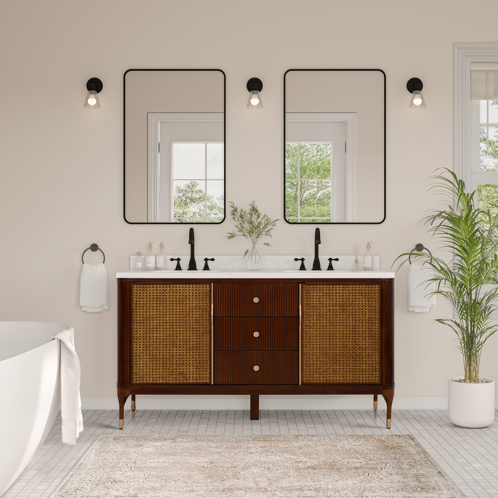 Legion Furniture 60" DOUBLE VANITY BROWN BIRCH FINISH WITH 1" THICK WHITE ARTIFICIAL STONE WH2960-D-BB-KD