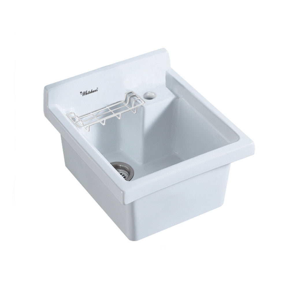 Vitreous China Single Bowl, Drop-in Sink with Wire Basket and 3 ½ Inch Off Center Drain