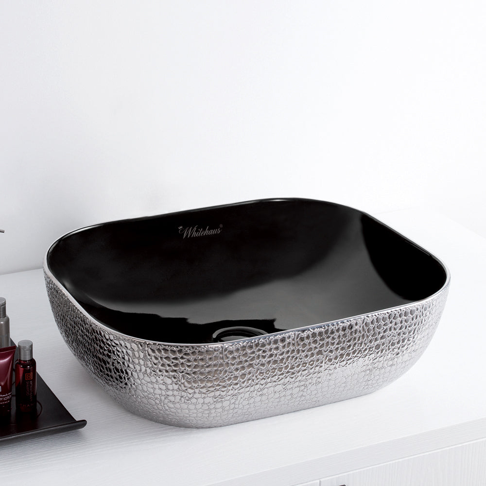 Isabella Plus Collection Rectangular Above Mount Basin with an Embossed Exterior, Smooth Interior, and Center Drain
