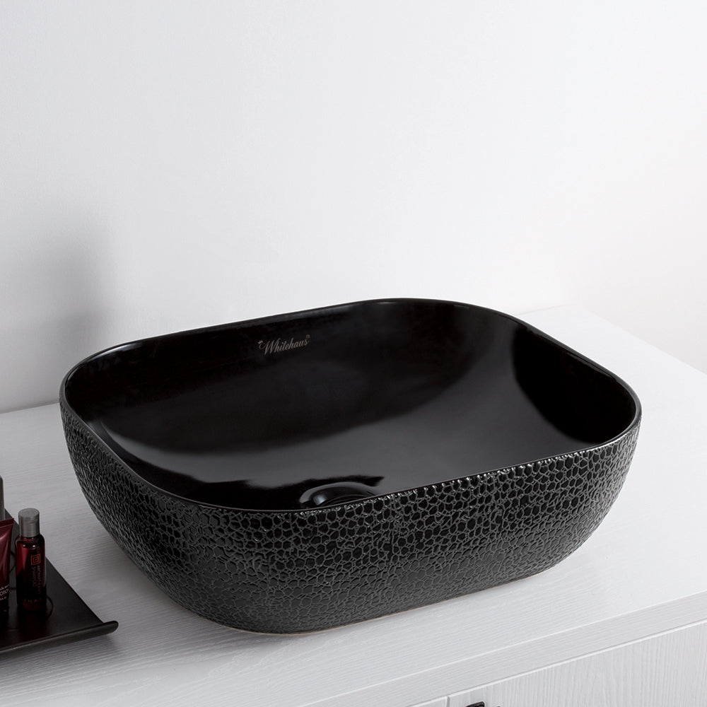 Isabella Plus Collection Rectangular Above Mount Basin with an Embossed Exterior, Smooth Interior, and Center Drain