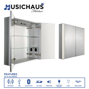 Musichaus Double Mirrored Door Medicine Cabinet with USB, SD Card, Bluetooth, FM radio, Speakers, Defogger, & Dimmer