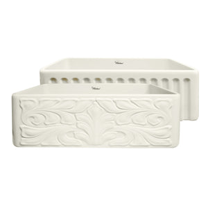 Farmhaus Fireclay Reversible Sink with a Gothichaus Swirl Design Front Apron on One Side, and a Fluted Front Apron on the Opposite Side.