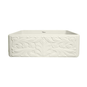 Farmhaus Fireclay Reversible Sink with a Gothichaus Swirl Design Front Apron on One Side, and a Fluted Front Apron on the Opposite Side.