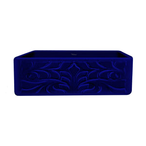 Farmhaus Fireclay Reversible Sink with a Gothichaus Swirl Design Front Apron on One Side, and a Fluted Front Apron on the Opposite Side.