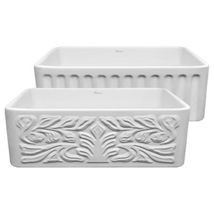 Farmhaus Fireclay Reversible Sink with a Gothichaus Swirl Design Front Apron on One Side, and a Fluted Front Apron on the Opposite Side.