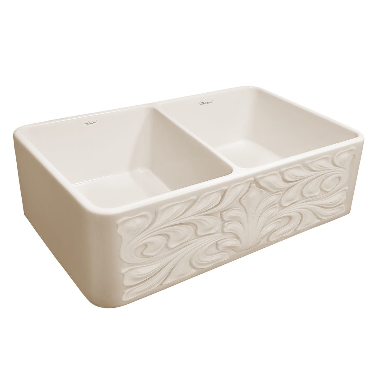 Farmhaus Fireclay Reversible Double Bowl Sink with a Gothichaus Swirl Design Front Apron on One Side, and a Fluted Front Apron on the Opposite Side.