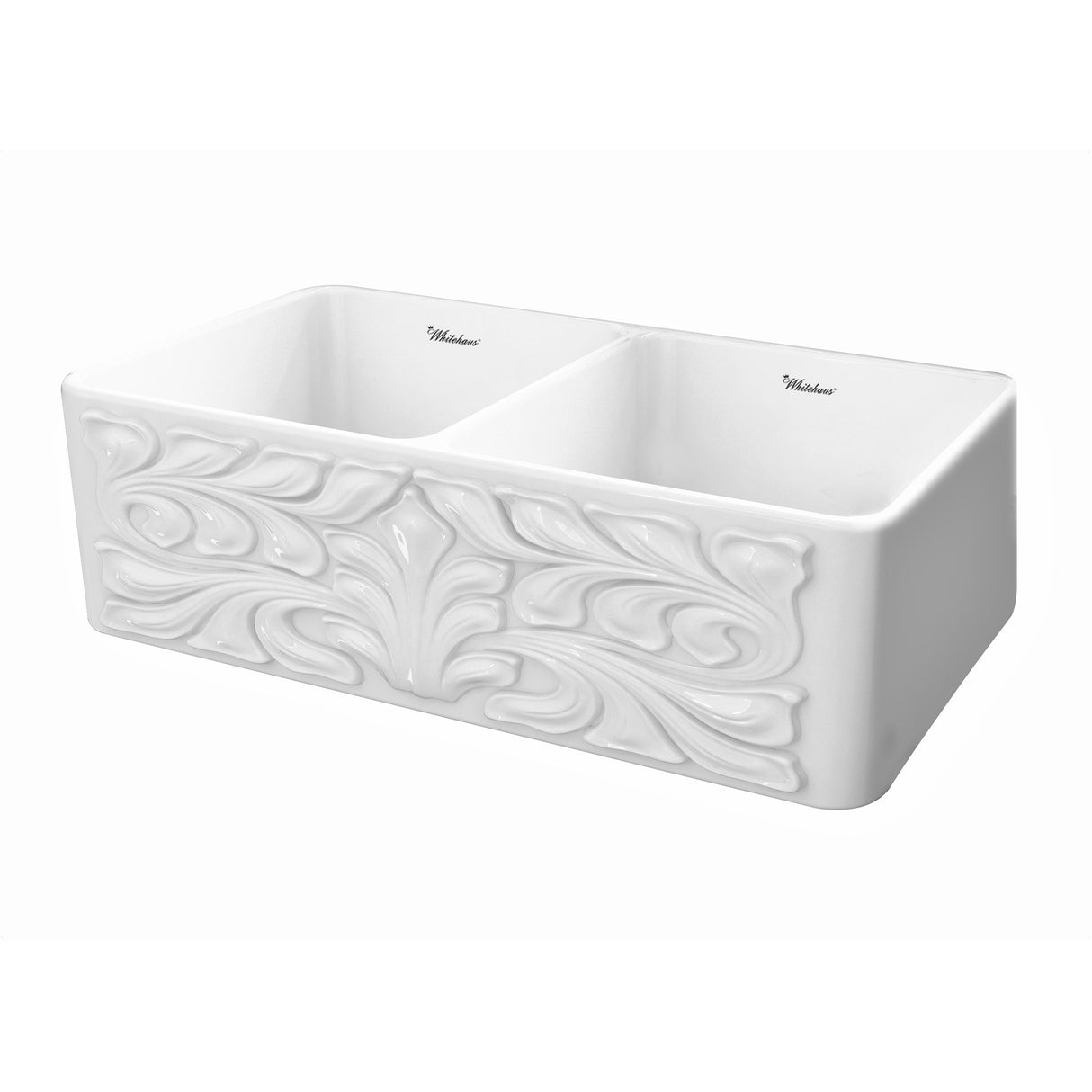 Farmhaus Fireclay Reversible Double Bowl Sink with a Gothichaus Swirl Design Front Apron on One Side, and a Fluted Front Apron on the Opposite Side.