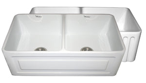 Farmhaus Fireclay Reversible Double Bowl Sink with a Raised Panel Front Apron on One Side and Fluted Front Apron on the Opposite Side