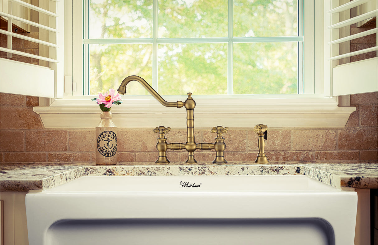Vintage III Plus Bridge Faucet with Long Traditional Swivel Spout, Cross Handles and Solid Brass Side Spray