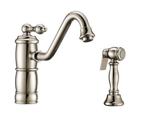 Vintage III Plus single lever faucet with traditional swivel spout and solid brass side spray