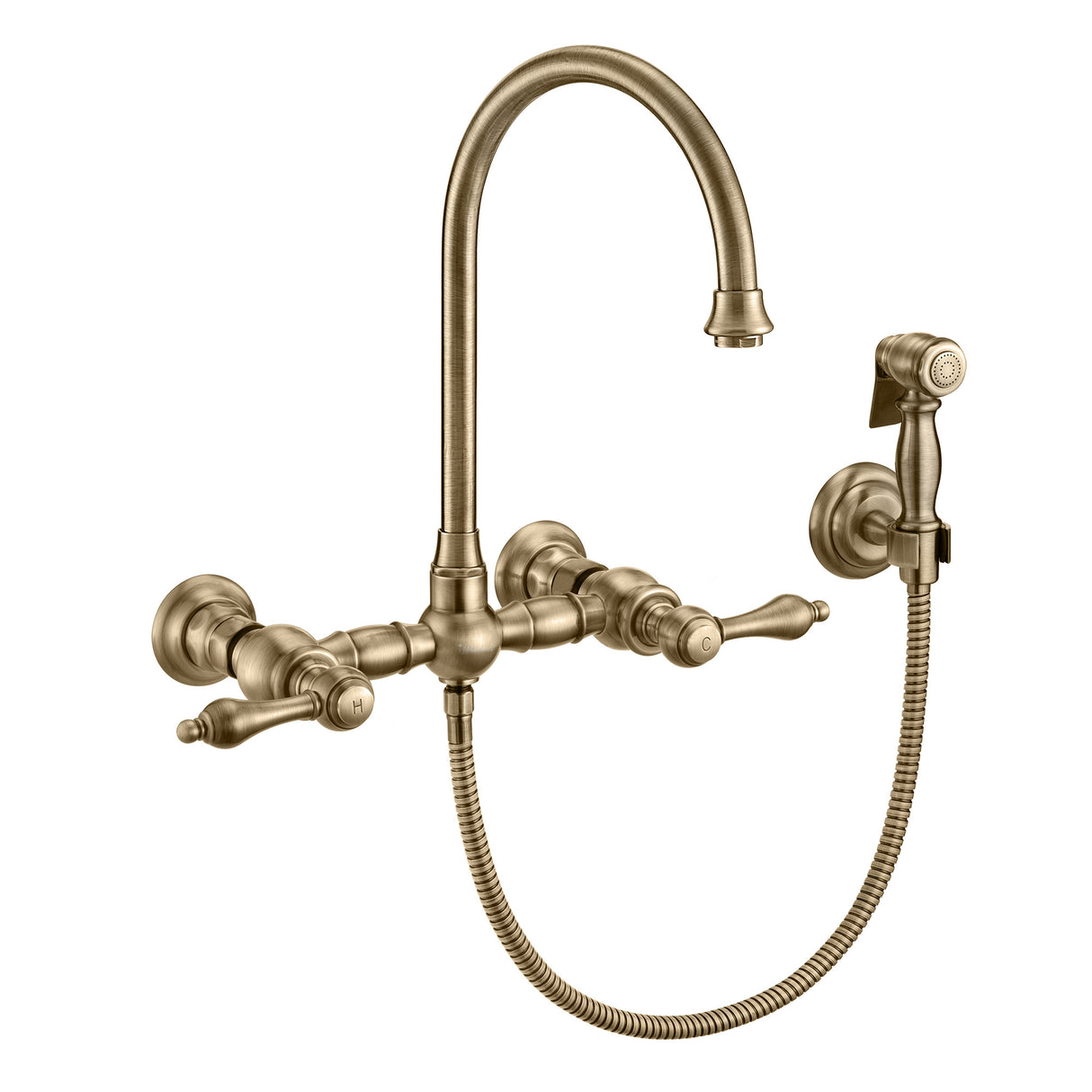 Vintage III Plus Wall Mount Faucet with a  Long Gooseneck Swivel Spout, Lever Handles and Solid Brass Side Spray