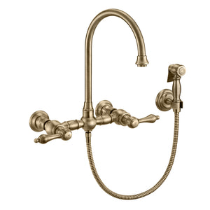 Vintage III Plus Wall Mount Faucet with a  Long Gooseneck Swivel Spout, Lever Handles and Solid Brass Side Spray
