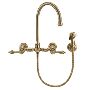 Vintage III Plus Wall Mount Faucet with a  Long Gooseneck Swivel Spout, Lever Handles and Solid Brass Side Spray