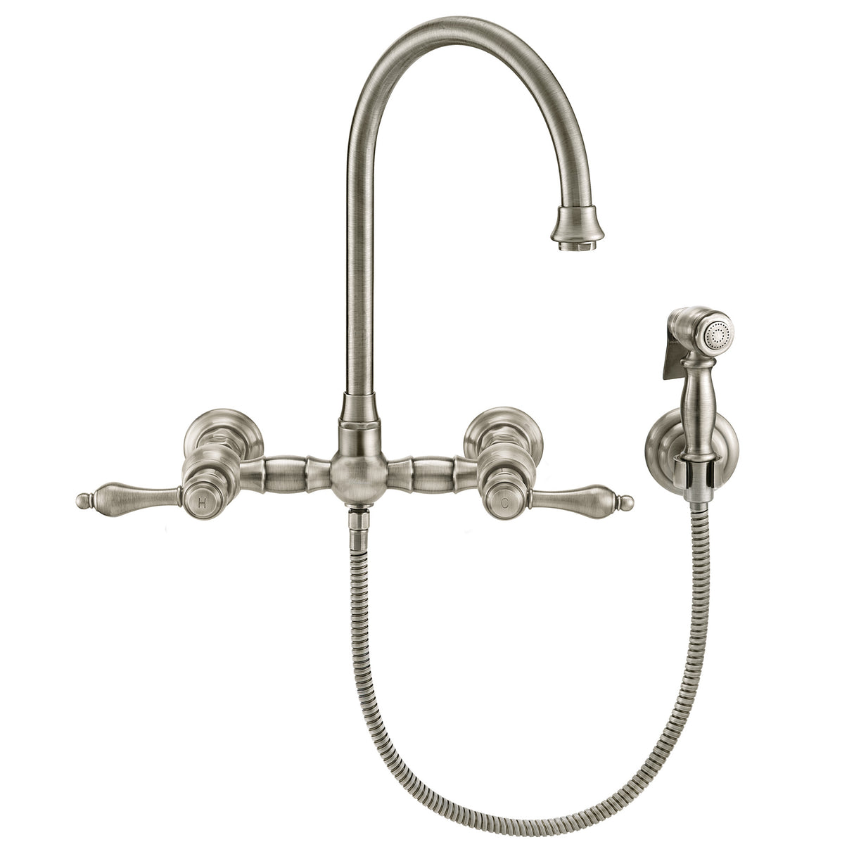 Vintage III Plus Wall Mount Faucet with a  Long Gooseneck Swivel Spout, Lever Handles and Solid Brass Side Spray