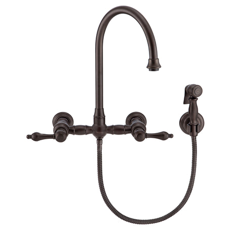 Vintage III Plus Wall Mount Faucet with a  Long Gooseneck Swivel Spout, Lever Handles and Solid Brass Side Spray