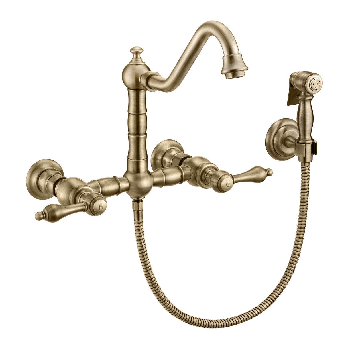 Vintage III Plus Wall Mount Faucet with a  Long Traditional Swivel Spout, Lever Handles and Solid Brass Side Spray