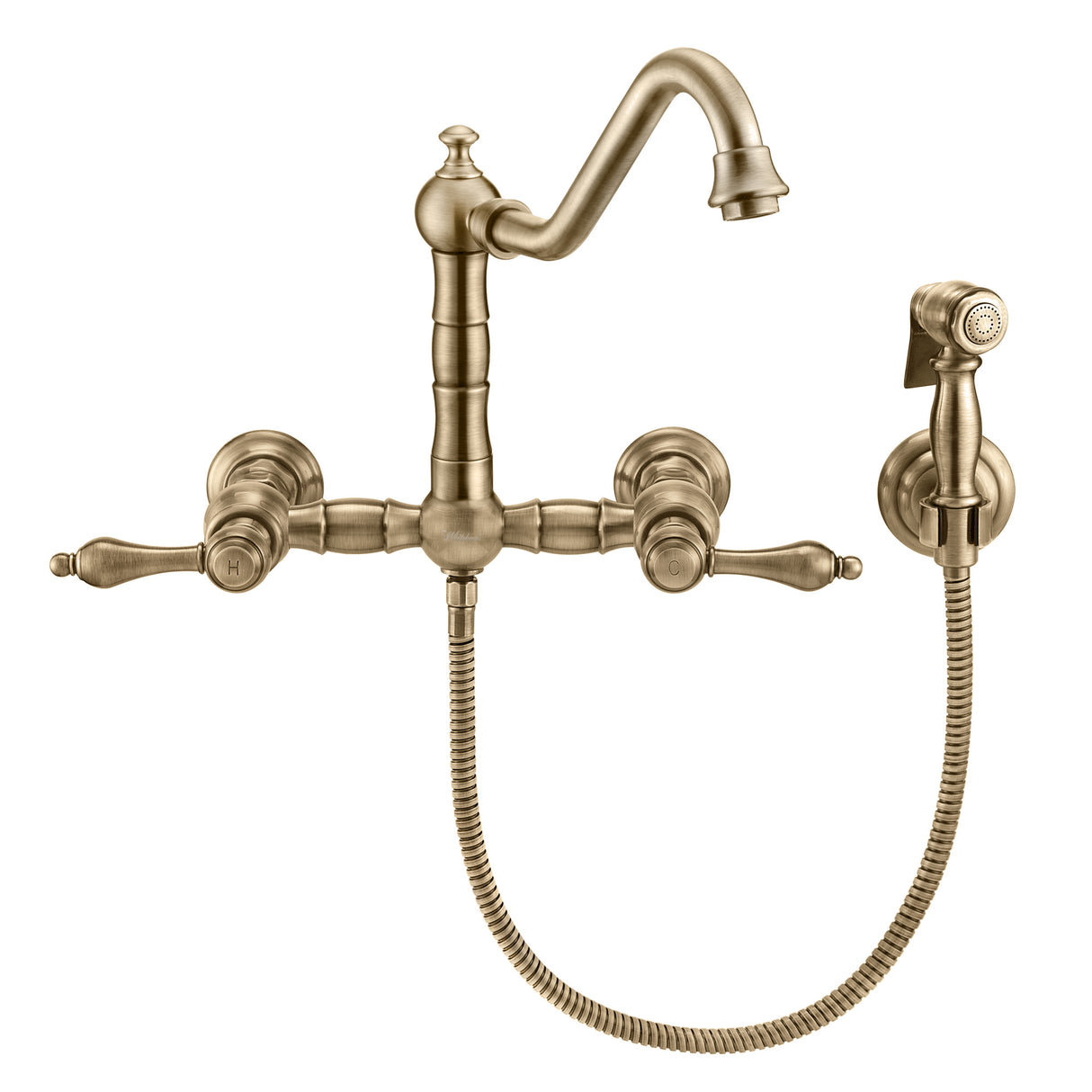 Vintage III Plus Wall Mount Faucet with a  Long Traditional Swivel Spout, Lever Handles and Solid Brass Side Spray