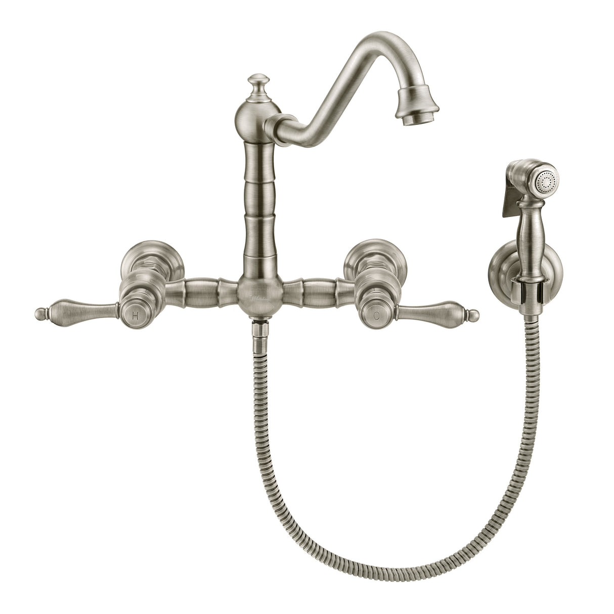 Vintage III Plus Wall Mount Faucet with a  Long Traditional Swivel Spout, Lever Handles and Solid Brass Side Spray