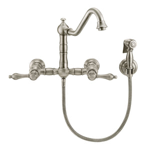 Vintage III Plus Wall Mount Faucet with a  Long Traditional Swivel Spout, Lever Handles and Solid Brass Side Spray